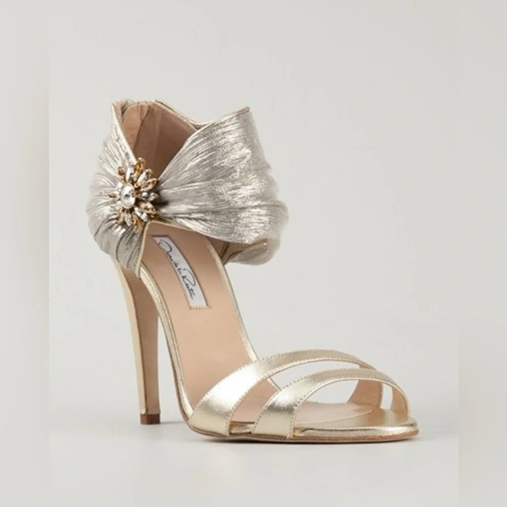 OSCAR DE LA RENTA Leather Chiffon Ornamental Wedding Special Occasion Heels 39.5